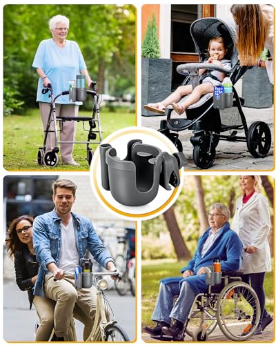 Universal Stroller Cup Holder with Mobile Phone Case, 2-in-1 Strollers Storage Rack, 360 Degrees Rotation Drink Holder for Bike, Pushchair, Wheelchair, Walker,Bicycle, Fits Most Cups (Gray) - color: GRAY