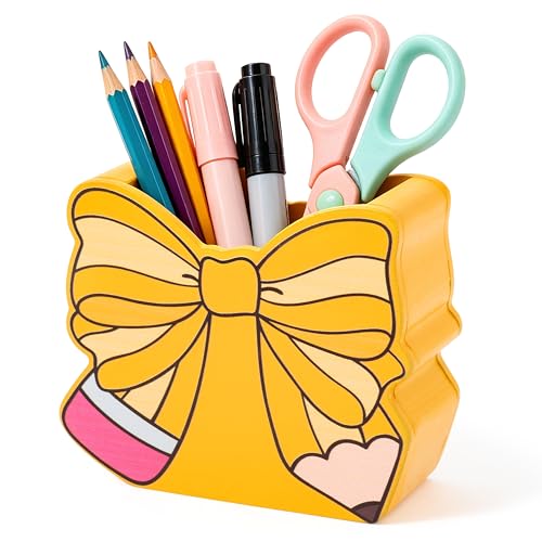 MALLMALL6 Bow Pencil Holder - Back to School Wooden Pen Holder, Cute Ribbon Caddy Case Gift for Kids Students Girls Women, Desktop Dispenser Storage Organizer for Classroom Teacher Office - style: Bow
