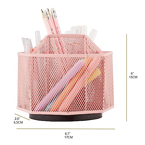 Annova Mesh Desk Organizer Rotate with 5 Compartments Spinning Tidy Candy/Pen Holder Office, Art Supply, Storage, Classroom, Home (Light Pink) - color: Light Pink