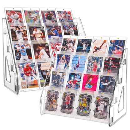 CELSOL 2 Pack Elevated 4 Tier Clear Acrylic Card Display Stand for Trading Cards, Sports Cards, Greeting Cards, Stickers – Slanted Holder for PSA Slabs, Vendors, Collectors & Retail (4 Tier 2 Pack)