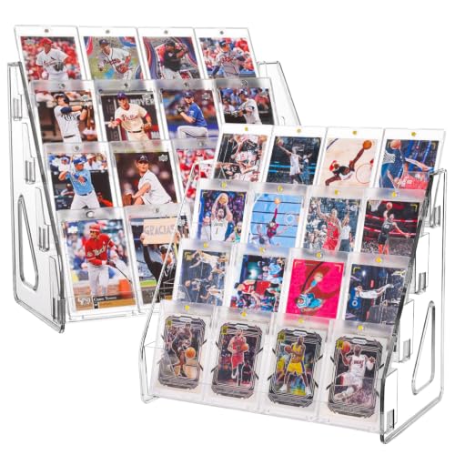 CELSOL 2 Pack Elevated 4 Tier Clear Acrylic Card Display Stand for Trading Cards, Sports Cards, Greeting Cards, Stickers – Slanted Holder for PSA Slabs, Vendors, Collectors & Retail (4 Tier 2 Pack)