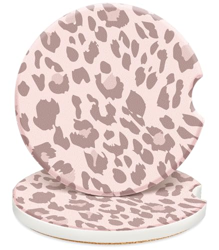 Swooflia Car Coasters for Women - Pink Leopard Print Ceramic Car Cupholder Coaster Absorbent Mat Coaster with Cork Base 2 Pack 2.55 inch Automotive Cup Holder Accessories New Driver Gifts for Decor - color: Pink Leopard Print