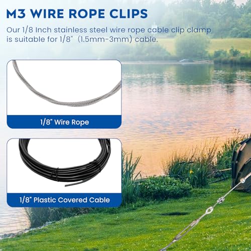 8Pcs 1/8 Inches M3 Cable Clamps, 4 Pcs Duplex Double Bolt Cable Clamps + 4 Pcs Simplex Single Bolt Wire Rope Clips for 1/8Inch (1.5mm-3mm) Diameter Wire Cable/Wire Rope, Wire Clamp Tool for Outdoors - size: 8pcs-simplex/duplex-M3(1.5mm-3mm)