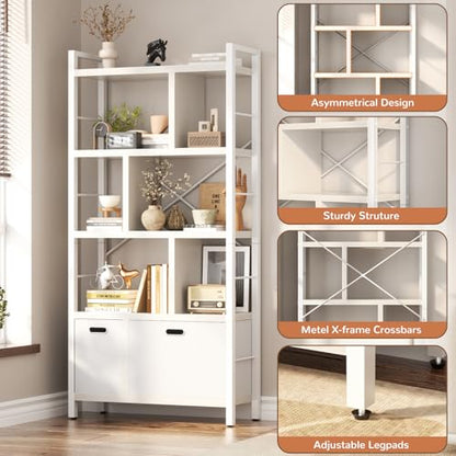 Armocity Bookshelf with Drawers - 5 Tier Tall Bookcase Geometric Modern Book Shelf Display Standing Bookshelves with Storage for Living Room, Bedroom Home Office, White - color: White
