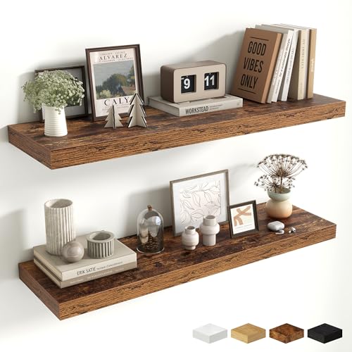 Fun Memories Floating Shelves for Wall 36 Inches, Wood Shelves with Invisible Bracket, 10" Deep Shelves Wall Mounted, Large Floating Shelves for Living Room Bathroom, Rustic Brown, Set of 2 - color: Brown Color, size: 36W x 10D x 1.5H