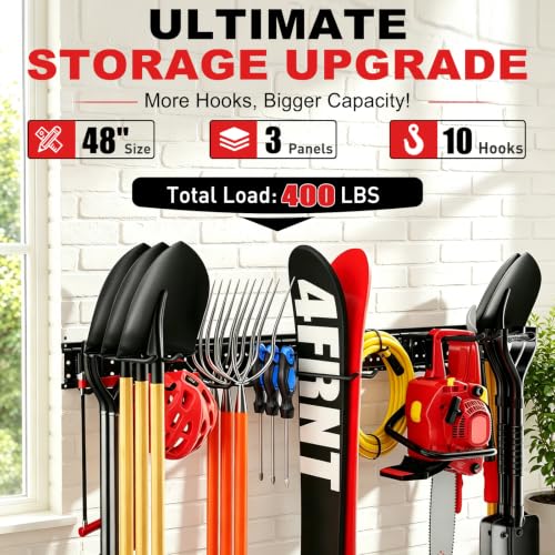Garage Tool Organizer Wall Mount 49.5 inches with 10 Adjustable Heavy-Duty Hooks, Garage Organization, Garden Tool Storage Rack, Yard, and Shed, Holds Up to 400 lbs - size: 49.5" | 3 Panels + 10 Hooks