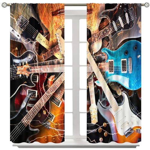 Colourful Guitar Theme Window Curtain, Electronic Musical Instruments Rock Music Art Window Curtain for Bedroom Living Room 42" W X 45" L(No Blackout) - color: Music-1, size: 20.5"W x 45"L (Pack of 2)