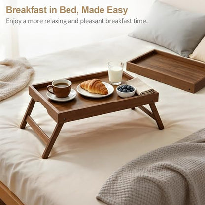 Breakfast Tray with Folding Legs Set of 2, Bamboo Bed Tray Table 15.7" Foldable TV Dinner Tray with Ergonomic Wave Handles for Bed Couch Sofa, Breakfast, Snacks, Coffee, Walnut - color: Walnut, size: Medium