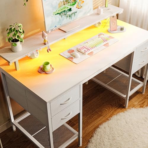 Huuger 47 inch Computer Desk with 4 Drawers, Gaming Desk with LED Lights & Power Outlets, Home Office Desk with Large Storage Space for Bedroom, Work from Home, White - color: White, size: 47 Inch