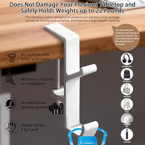 Desk Mount Bag Holder Hook Clamp,On Backpack Hanger Portable Desk Mount Headphones Holder for Reduce Desk Clutter Table Desk Table Hanging Storage (2 Pcs-Double Hook White) - color: 2 Pcs-Double Hook White