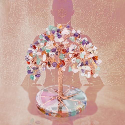ZenBless 7 Chakra Healing Crystals Stones Tree, Colorful Crystal Stone Leaf Wire Wrapped on Natural Agate Slice Base, Home Office Desk Living Room Feng Shui Decoration for Wealth and Luck - color: Colorful