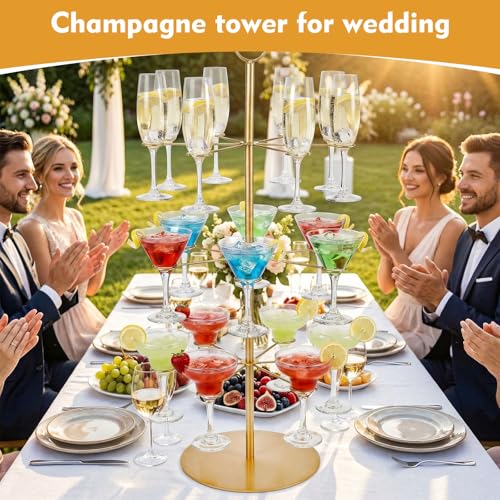 Cocktail Tree Stand for Drinks Wine Champagne Glass Tower for Parties, 3 Tiers 18 Holders Bar Wedding Metal Wine Glass Display Holder for Martinis Margarita Cups(Gold,Round Bottom,1 Pcs) - color: Gold