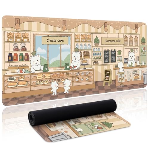 Cute Mouse Pad Large Desk Mat Extended Keyboard Pad Funny XL Mousepad with Non-Slip Base and Stitched Edge Kawaii Bear Mouse Mat Desk Pad 31.5 x 11.8 in Mouse Pads for Desk Decor Home Office Gaming - color: Dessert Shop Bear