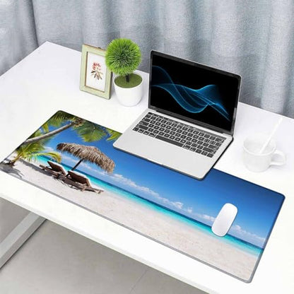 Gaming Mouse Pad, XXL Extended Computer Keyboard Long Mouse Mat, Large Desk Pad for Office Laptop, Non-Slip Rubber Base with Stitched Edge Mousepad, 31.5X15.7 inch Tropical Palm Sea and Beach - color: Tropical Palm Sea and Beach, size: 31.5L x 15.7W inche