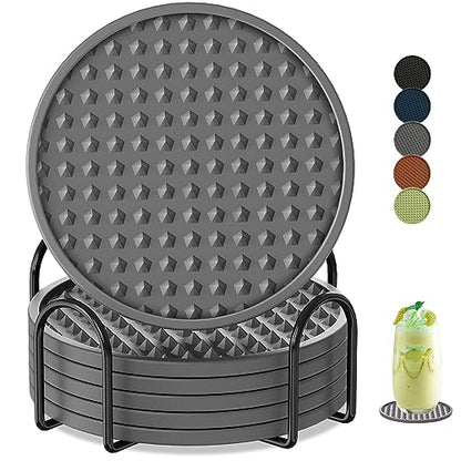 Coasters for Drinks 6 Pack Drinking Coasters with Holder,Heat Resistant Silicone Cup Mat Tabletop Protection,Non-Slip Rubber Coaster for Kinds of Cups (Grey) - color: Grey-metal Holder