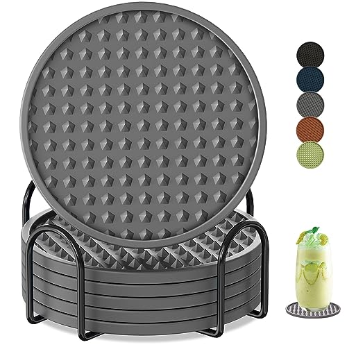 Coasters for Drinks 6 Pack Drinking Coasters with Holder,Heat Resistant Silicone Cup Mat Tabletop Protection,Non-Slip Rubber Coaster for Kinds of Cups (Grey) - color: Grey-metal Holder