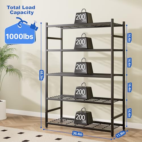 36.4" W Storage Shelves, 5-Tier Metal Shelving Unit with Leveling Feet, Shelf Organizer for Garage, Kitchen, Pantry and Closet Organization, 36.4" x 11.8" x 68.3", Black