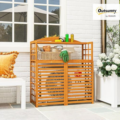 Outsunny Outdoor Air Conditioner Fence with Open Shelves, Wood Outdoor Privacy Screen Potting Table, Pool Equipment Enclosure for Patio, Slatted AC Fence for Outside Unit, Light Brown