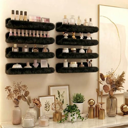 Care&More YJ 15 Inch Nail Polish Shelves, 4-Pack Fuzzy Display Nail Polish Rack for Storing Nail Bottles, Sunglasses, Essential Oils, Plush Soft Black - color: Black