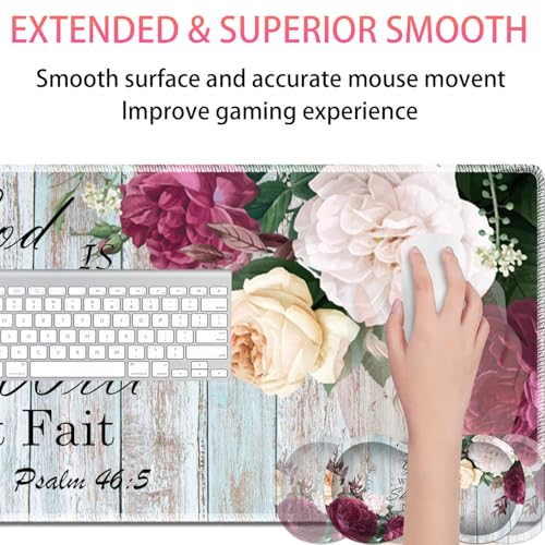 Large Gaming Mouse Pad + Mouse Wrist Rest Pad + Coaster Combination, 31.5 "x 11.8" Durable Non-Slip Extension Table Mat, Suitable for Office and Home, Bible Flower Psalm 46-5 - color: Bible Flower Psalm 46-5