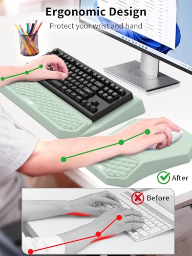 3-in-1 Ergonomic Keyboard Stand with Wrist Rest & Mouse Pad Set, Comfy Keyboard Riser Holder Soft Mousepad with Massage Design, Memory Foam and Non-Slip PU Base for Pain Relief, Light Green - color: Light Green