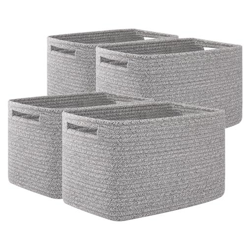 OIAHOMY 4 Pack Storage Baskets for Organizing, Cube Storage Bins for Shelves, Rectangle Storage Baskets With Handles, Woven Baskets for Storage, 16''Lx12''Wx8''H, Grey - color: Grey, size: 16x12x8inch