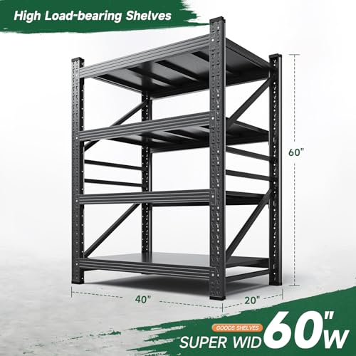 Letaya 2000LBS Storage Shelves Heavy Duty,60" H Garage Shelving Units, 4 Tier Adjustable Utility Rack Shelf,Large Metal Industrial Shelves,for Shop,Warehouse,Basement,Black (40" W x 20" D x 60" H) - color: Black, size: 40" W x 20" D x 60" H