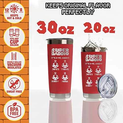 Personalized Super Daddio Tumbler for Dad - Custom Retro Gamer Travel Mug with Kids Names - Stainless Steel Cup, Gifts for Fathers Day for Dad (20oz & 30oz, 6 Colors) - color: Super Daddio Tumbler