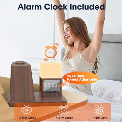 Wireless Charger for Samsung/Android, 6 in 1 Phone Nightstand Charging Station Charger with Alarm Clock/Night Light for Samsung S26/S25/S24 Ultra/Buds4,Watch Charger for Galaxy Watch 8/7/6/5 - color: Woodgrain