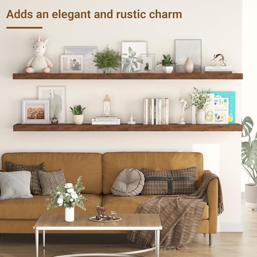 55 Inch Floating Shelves, 12 Inch Deep Floating Shelves for Wall, Extra Deeper & Thicker Wooden Wall Shelf with Invisible Brackets, Shelf for Bedroom Home Decor（Rustic Brown, Set of 2） - color: Rustic Brown, size: 55"W x 12"D x 2"H, Set of 2