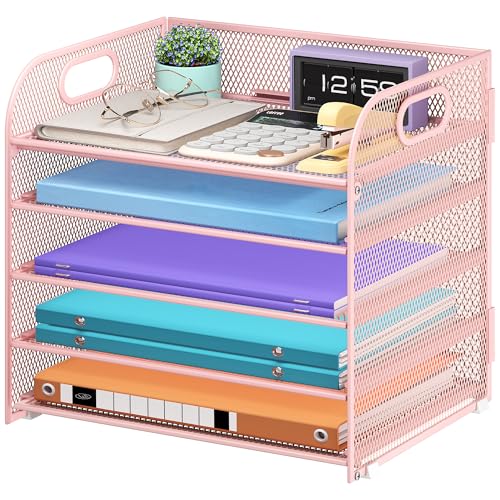 Cawukege 5 Tier Paper Organizer with Handle, Pink Metal Mesh Desk Organizer File Folder Paper Letter Tray Desktop Document Sorter for Classroom, School, Office Accessories Organization and Storage - color: Pink
