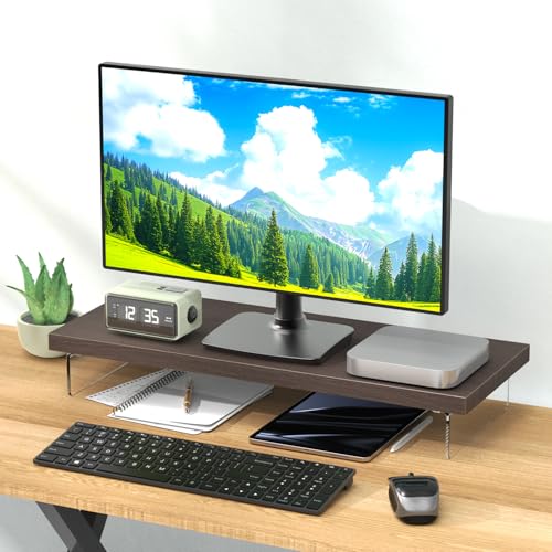Monitor Stand Riser, Wood & Acrylic Computer Monitor Stand Desk Desktop Organizer Table For Home, Office Workspace, Laptop Riser, Printer, PC & TV Screen Riser - color: Black Walnut, size: 25*10 Inch