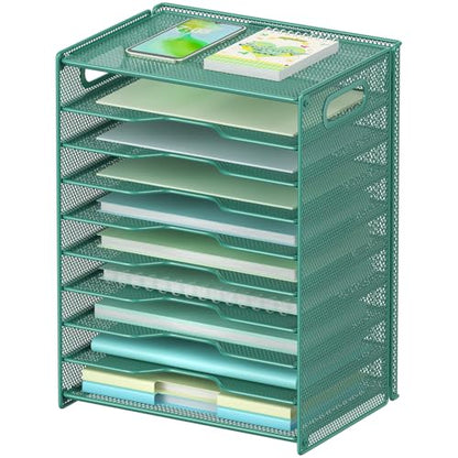 OUTWOLF 10 Tier Paper Organizer - Letter Tray Mesh Desk File Organizer with Handles for Office School Desktop, Green - color: Green