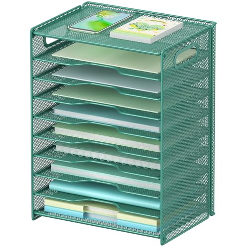 OUTWOLF 10 Tier Paper Organizer - Letter Tray Mesh Desk File Organizer with Handles for Office School Desktop, Green - color: Green