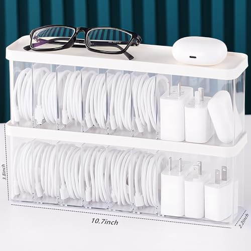 Charger Cable Cord Storage Organizer Box - 2 Pack With Lid - Easy Storage Without Cable Ties - style: Stackable