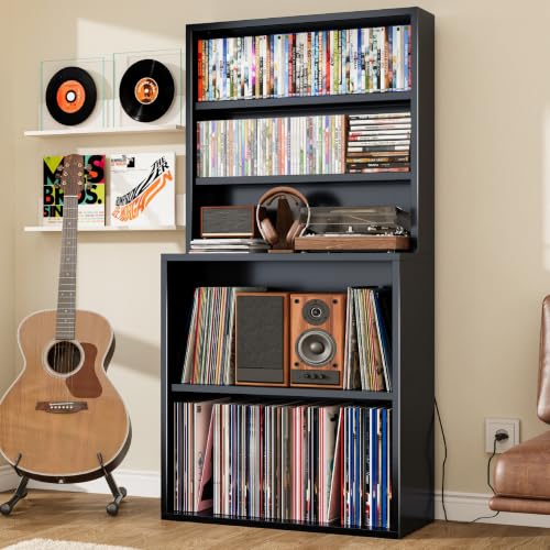 CD Storage Rack, 5-Tier DVD Organizer Shelf with Record Player Stand, Media Cabinet for CDs, DVDs, Albums, Books & Games, Vinyl Record Holder & CD Tower for Living Room, Music Room (Black) - color: Black-5 Tier (upgrades)