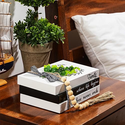Capoda 3 Pcs Decorative Books for Home Decor Farmhouse Faux Stacked Books Wooden Rustic Table Decor with Bead Garland Twine Ribbon Faux Leaf for Table(Love) - style: Love