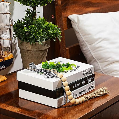 Capoda 3 Pcs Decorative Books for Home Decor Farmhouse Faux Stacked Books Wooden Rustic Table Decor with Bead Garland Twine Ribbon Faux Leaf for Table(Love) - style: Love