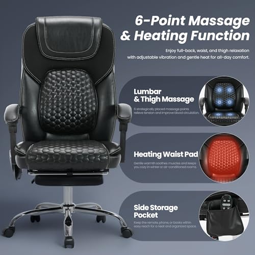 MALOL Massage Office Chair with 3-Level Heat and Footrest – 20-Min Easy Assembly, 300 lbs Big and Tall Desk Chair, PU Leather Ergonomic Executive Computer Chair with Side Pocket, Black,Set of 2 - color: Black, size: Set of 2, style: Modern