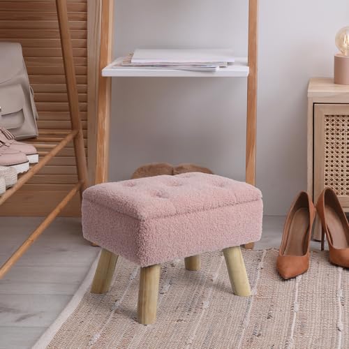 OGEMXU Storage Ottoman, Small Foot Stool Ottoman with Storage, Boucle Teddy Velvet Foot Rest with Padded Seat, Sturdy Wood Legs Stool for Living Room, Bedroom, Couch, Enterway (Pink) - color: Pink