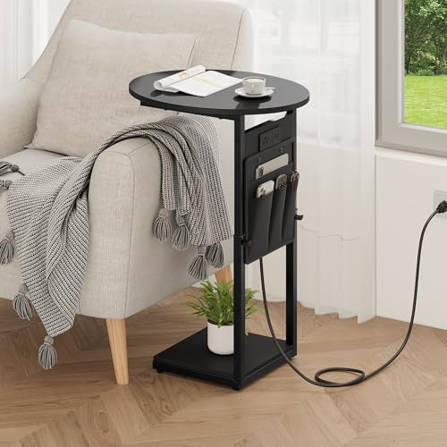 Vagusicc C Shaped End Table with Charging Station, 32" Tall Side Table for Couch and Recliner, Adjustable Height Small Couch Side Table Slide Under Sofa TV Tray Table for Living Room, Bedroom, Black - color: Black, style: Charging Station