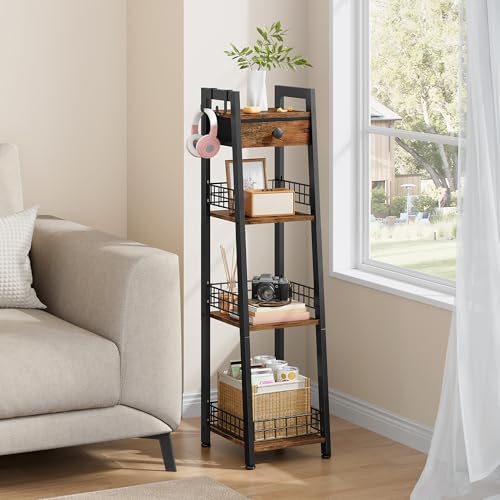 Gewudraw 4-Tier Narrow Ladder Shelf with Drawer, Bathroom Table Stand for Small Space, Narrow Bathroom Standing Shelves with Storage for Living Room Bedroom Kitchen, Organizer Shelf, Rustic Brown - color: Rustic Brown, size: 4 Tier Narrow
