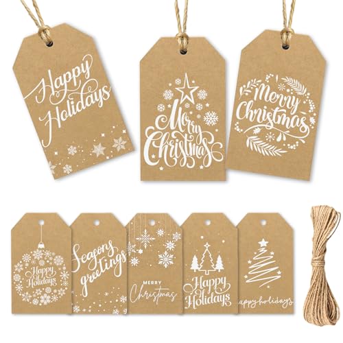 Christmas Gift Tags - 80 Kraft-Style Gift Tags with String, 8 Modern Script Designs - Thick Cardstock Christmas Lables & Name Tags - style: Kraft