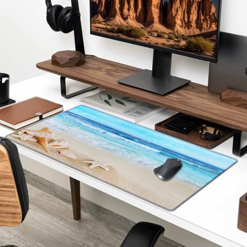 Gaming Mouse Pad, Large Non-Slip Rubber Base Mousepad, Keyboard Mouse Mat, Desk Pad with Stitched Edges, 31.5x15.7inch, Beach with Shells in the Sand - color: Beach With Shells in the Sand, size: 31.5L x 15.7W inches