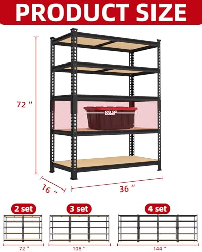PrimeZone 36" x 16" x 72" Heavy Duty Storage Shelves - 5 Tier Adjustable Garage Storage Shelving, Metal Storage Utility Rack Shelf Unit for Warehouse Pantry Closet Kitchen, Black - size: 36"W x 16"D x 72"H