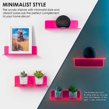 OAPRIRE Acrylic Floating Shelves Set of 2 - Easily Expand Wall Space - Small Wall Shelf with Strong Adhesive for Bedroom, Kids' Room, Bathroom, etc (Fluorescent Pink) - color: Fluorescent Pink