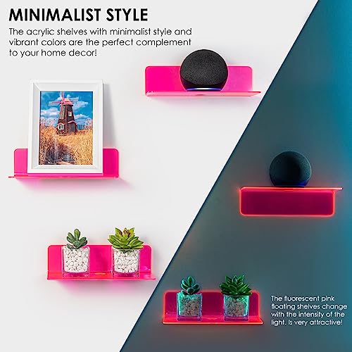 OAPRIRE Acrylic Floating Shelves Set of 2 - Easily Expand Wall Space - Small Wall Shelf with Strong Adhesive for Bedroom, Kids' Room, Bathroom, etc (Fluorescent Pink) - color: Fluorescent Pink