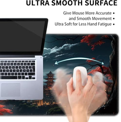 Japanese Full Moon Large Mouse Pad,Gaming Keyboard Desk Pad,Extended Mouse Mat Non-Slip Rubber Base with Stitched Edges for Office Game Home XL 31.5"x11.8" - color: Japanese Moon, size: 31.5L x 11.8W inches