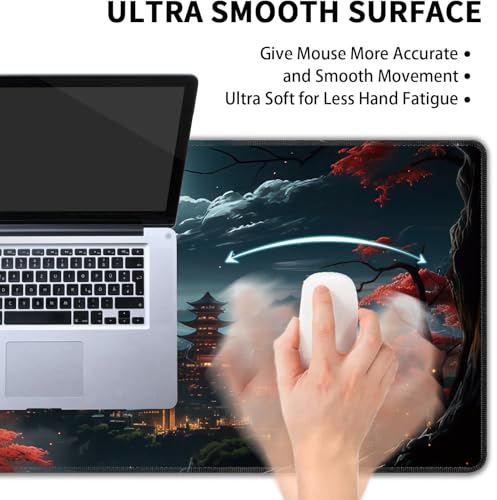 Japanese Full Moon Large Mouse Pad,Gaming Keyboard Desk Pad,Extended Mouse Mat Non-Slip Rubber Base with Stitched Edges for Office Game Home XL 31.5"x11.8" - color: Japanese Moon, size: 31.5L x 11.8W inches