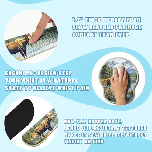 Moose Landscape Desk Mat Set Mountain Lake Large Mouse Pad with Wrist Rest 4in1 Desk Mat for Desktop Ergonomic Computer Desk Arm Wrist Anti-Slip Computer Ergonomic Mouse Pad Home Office Gaming - color: Moose Landscape